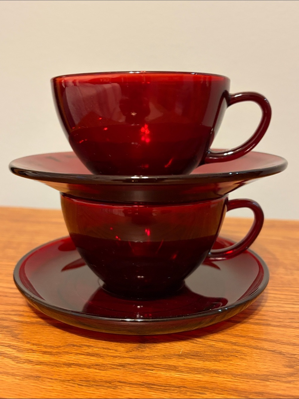 Vintage Ruby Red Glass Tea Cups and Saucers set of 2 Unmarked